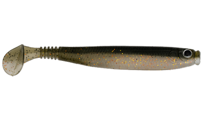 Fishing lure with a black and gold pattern on a white background
