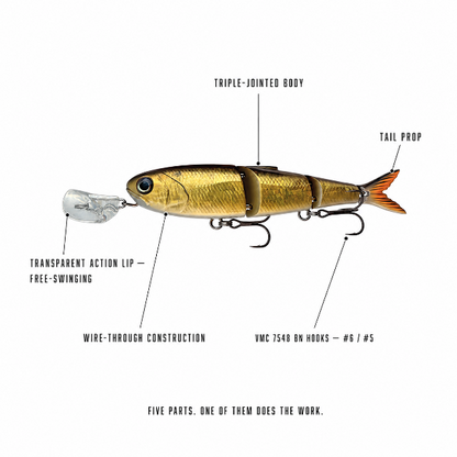 A labeled product diagram of a fishing lure on a white background, with callouts pointing to the transparent action lip, triple-jointed body, tail prop, wire-through construction, and hook details.