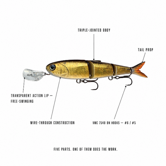 A labeled product diagram of a fishing lure on a white background, with callouts pointing to the transparent action lip, triple-jointed body, tail prop, wire-through construction, and hook details.