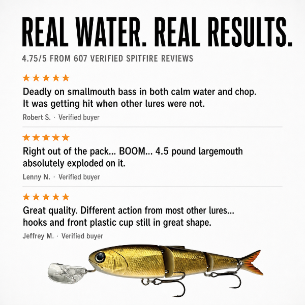 A fishing lure shown on a white background with large headline text reading 'REAL WATER. REAL RESULTS.
