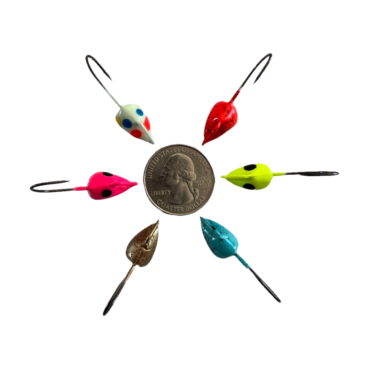 Six colorful fishing lures arranged in a circle around a U.S.