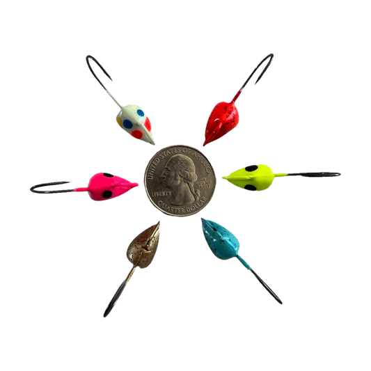 Six colorful fishing lures arranged in a circle around a U.S.