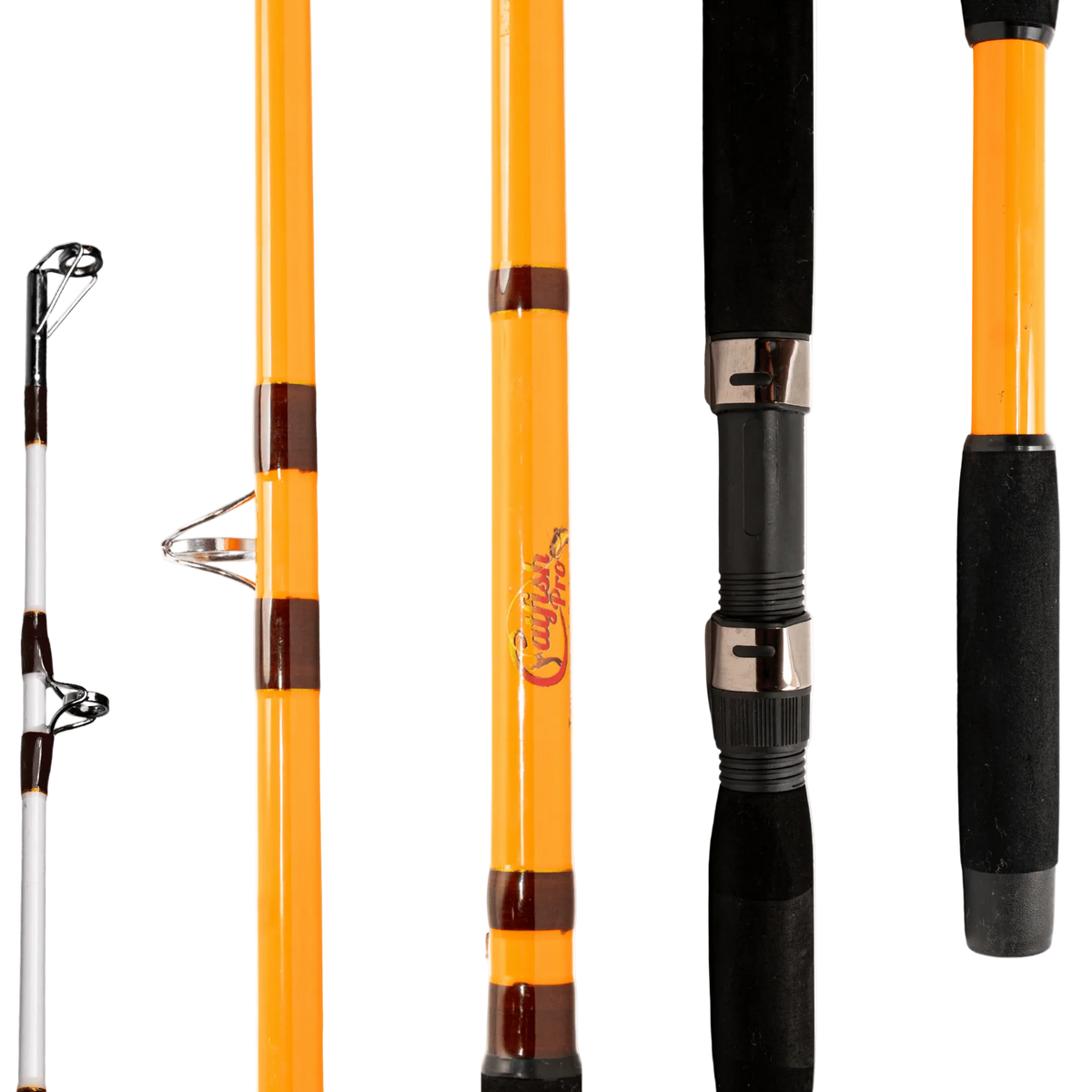 Fishing rod with yellow and black sections on a white background