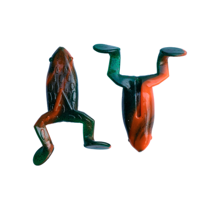 Two ceramic frog-shaped wall hooks on a transparent background