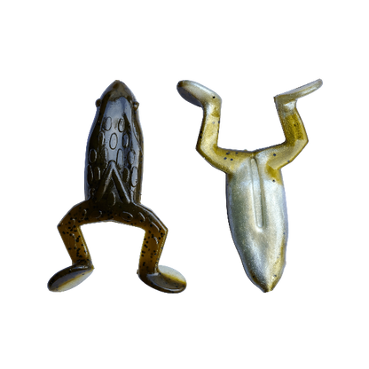 Two ceramic frog figurines on a transparent background