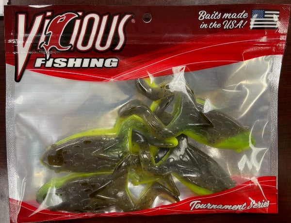 Packaged fishing lures with 'Vicious Fishing' branding on a red background
