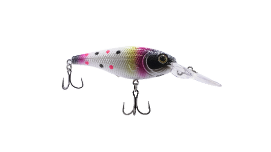 Fishing lure with a colorful body and clear face on a white background