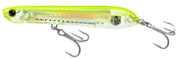 A translucent yellow-green and clear hard bait fishing lure with two silver treble hooks, shown against a plain white background.