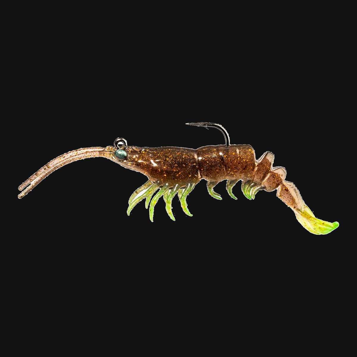 Z-Man PrawnstarZ pre-rigged 3.5-inch shrimp lure in Rootbeer Chartreuse